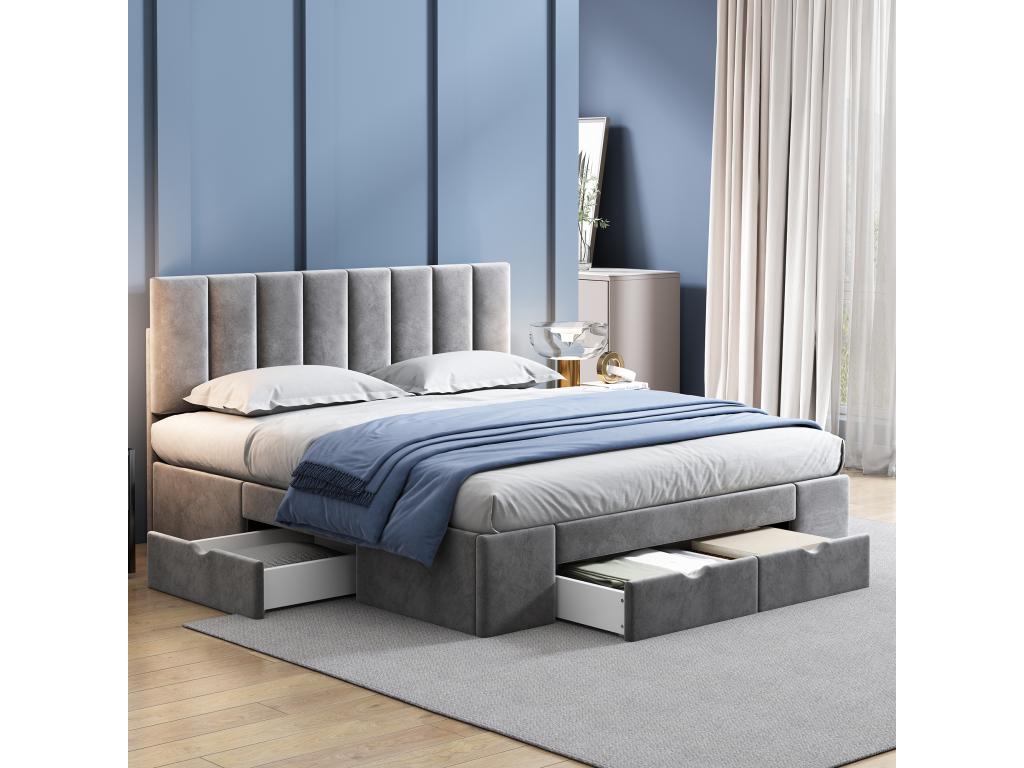Adult bed with 4 drawers and headboard - 160x200 cm - velvet - Meublori slatted base - grey color