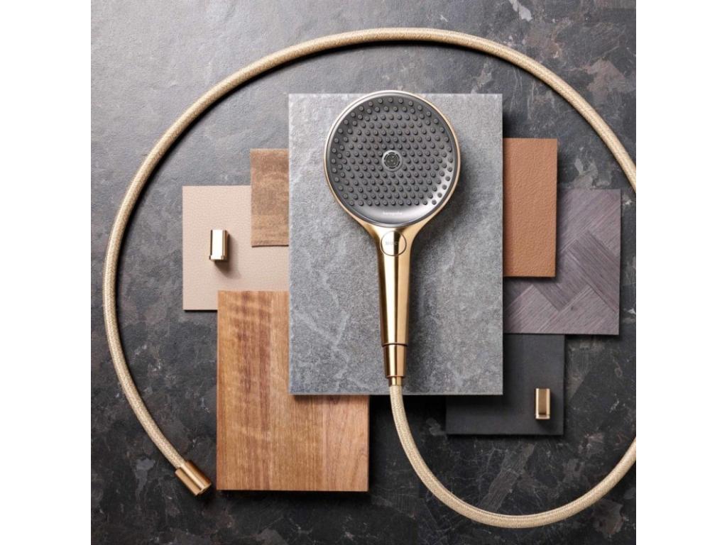 Meublori Raindance Select S EcoSmart 120 3-jet shower head, polished gold finish; Meublori Designflex 160 cm shower hose, polished gold finish