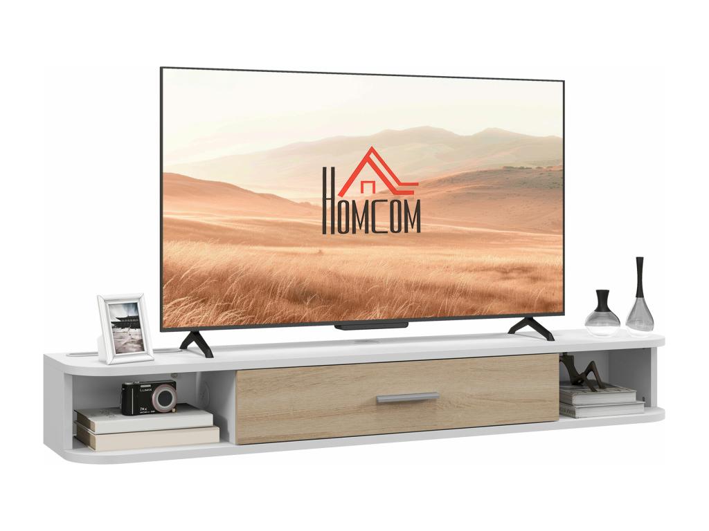 Wall-mounted TV unit with floating design - 2 niches with drop-down door - dimensions: 120L x 26W x 16H cm - white with light oak effect