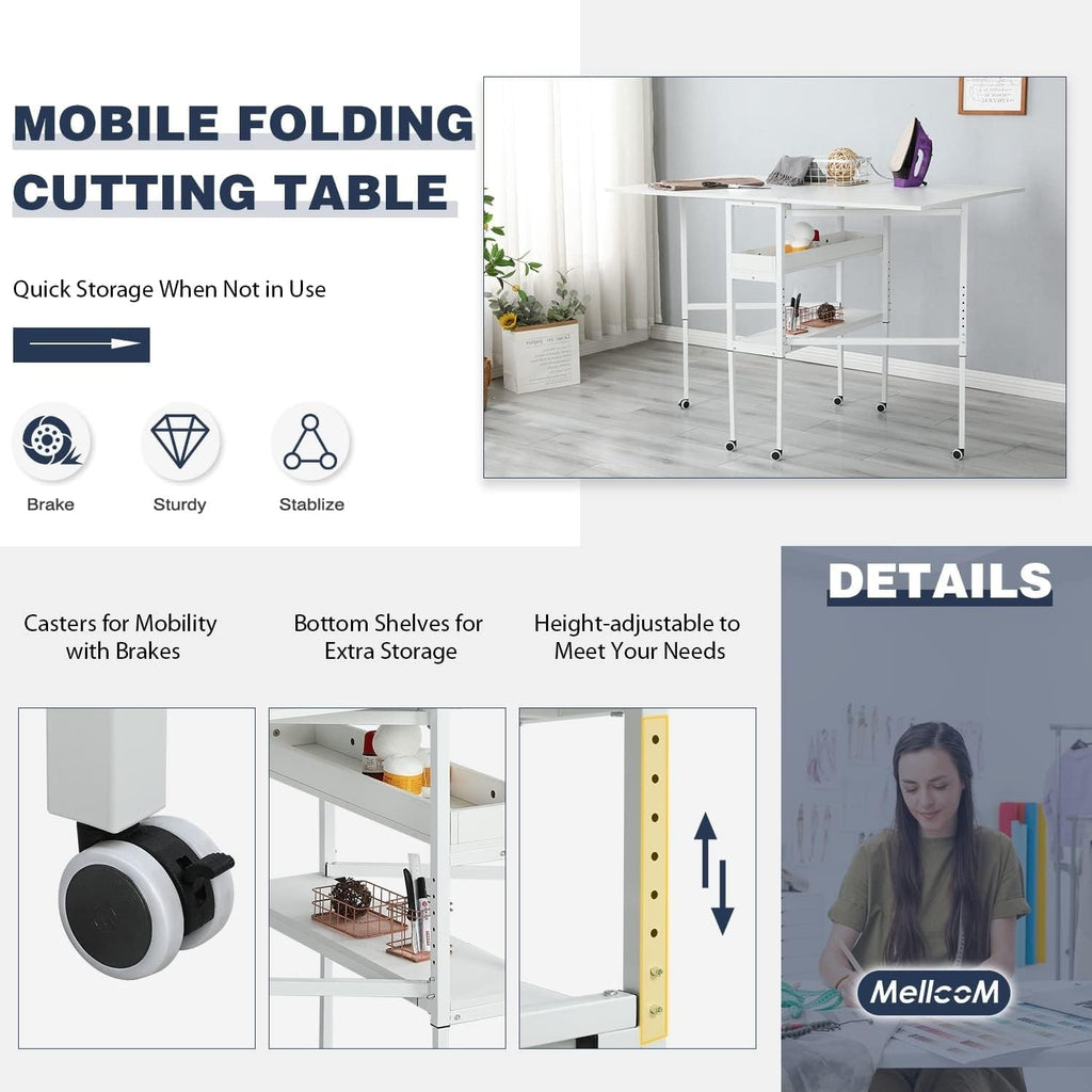 Height Adjustable Craft Table with Storage Shelves, Mobile Folding Cutting Table for Home Office Sewing Room Craft Room