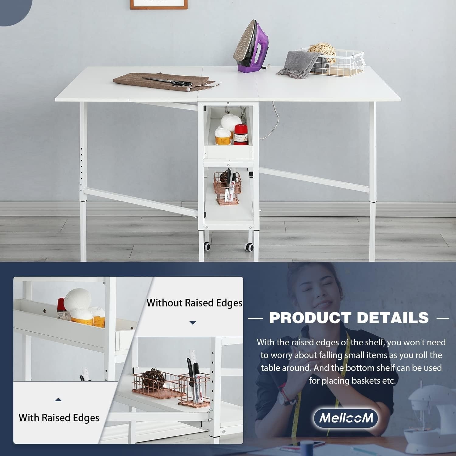 Height Adjustable Craft Table with Storage Shelves, Mobile Folding Cutting Table for Home Office Sewing Room Craft Room