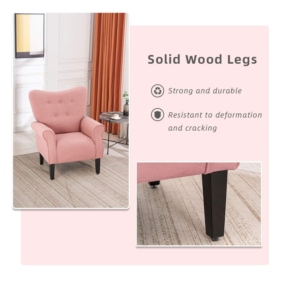 Erommy Modern Accent Chair, High Back Armchair, Upholstered Fabric Button Single Sofa with Wooden Legs for Living Room