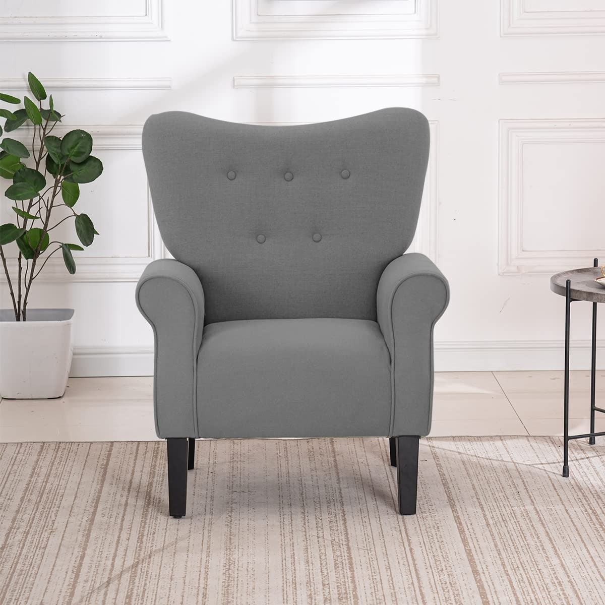Erommy Modern Accent Chair, High Back Armchair, Upholstered Fabric Button Single Sofa with Wooden Legs for Living Room