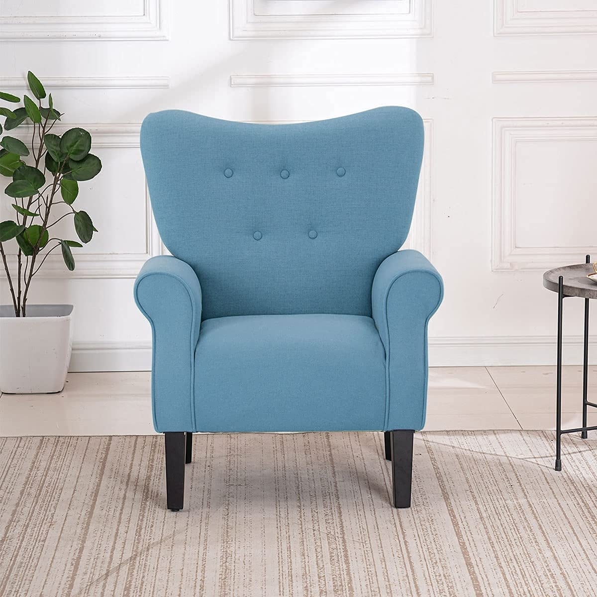 Erommy Modern Accent Chair, High Back Armchair, Upholstered Fabric Button Single Sofa with Wooden Legs for Living Room