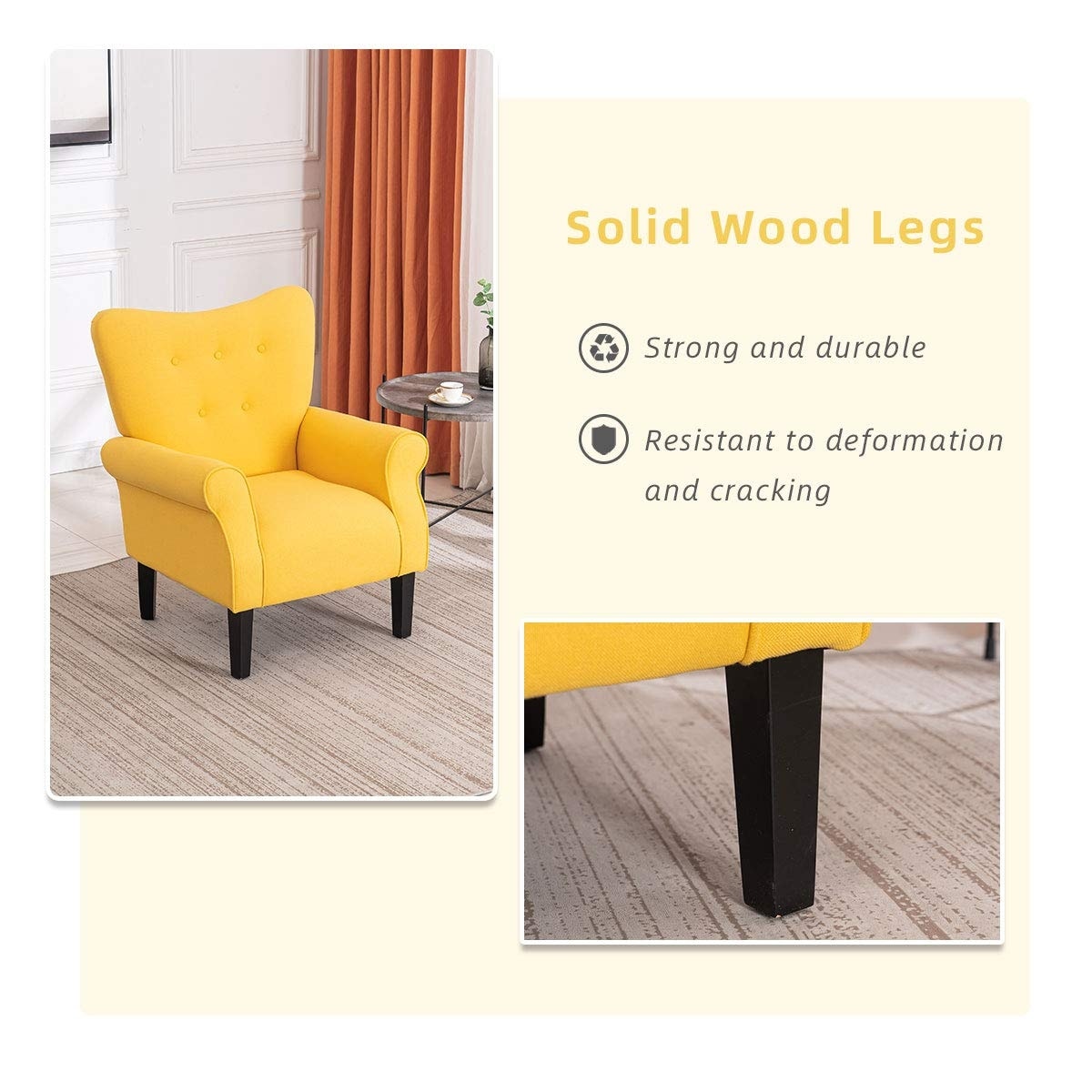 Erommy Modern Accent Chair, High Back Armchair, Upholstered Fabric Button Single Sofa with Wooden Legs for Living Room