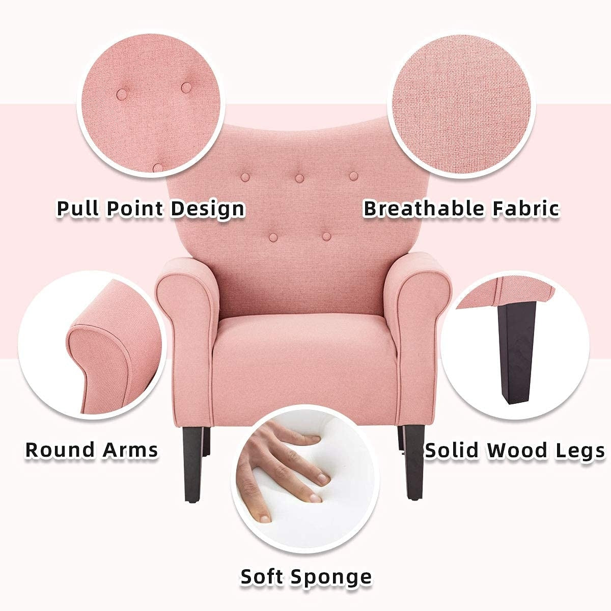Erommy Modern Accent Chair, High Back Armchair, Upholstered Fabric Button Single Sofa with Wooden Legs for Living Room