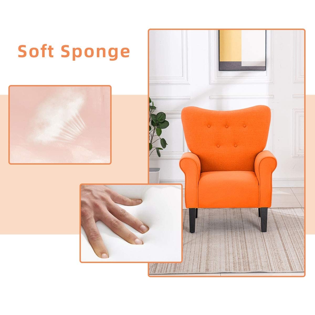 Erommy Modern Accent Chair, High Back Armchair, Upholstered Fabric Button Single Sofa with Wooden Legs for Living Room