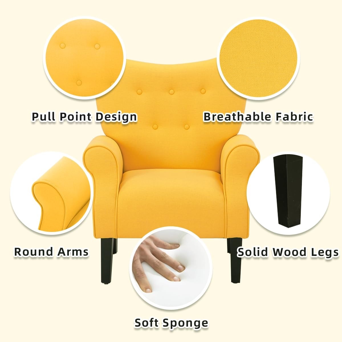 Erommy Modern Accent Chair, High Back Armchair, Upholstered Fabric Button Single Sofa with Wooden Legs for Living Room