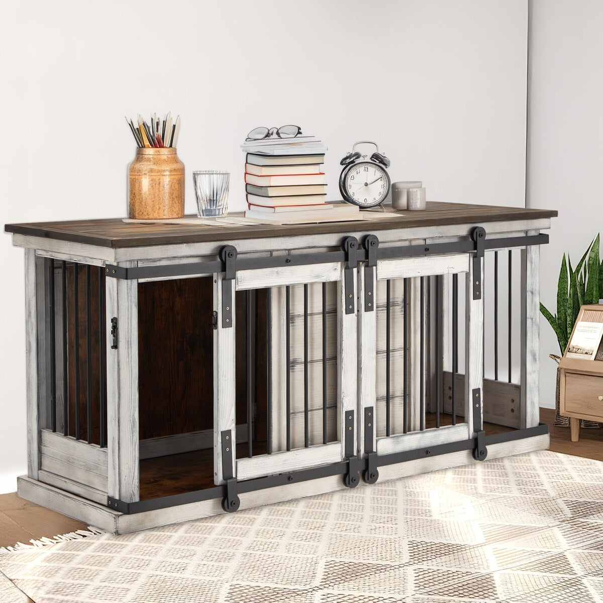 EROMMY Solid Wood Dog Crate Furniture, Indoor Dog Kennel with Sliding Door TV Cabinet, Chic Wooden Dog House, Stylish Dog Cage