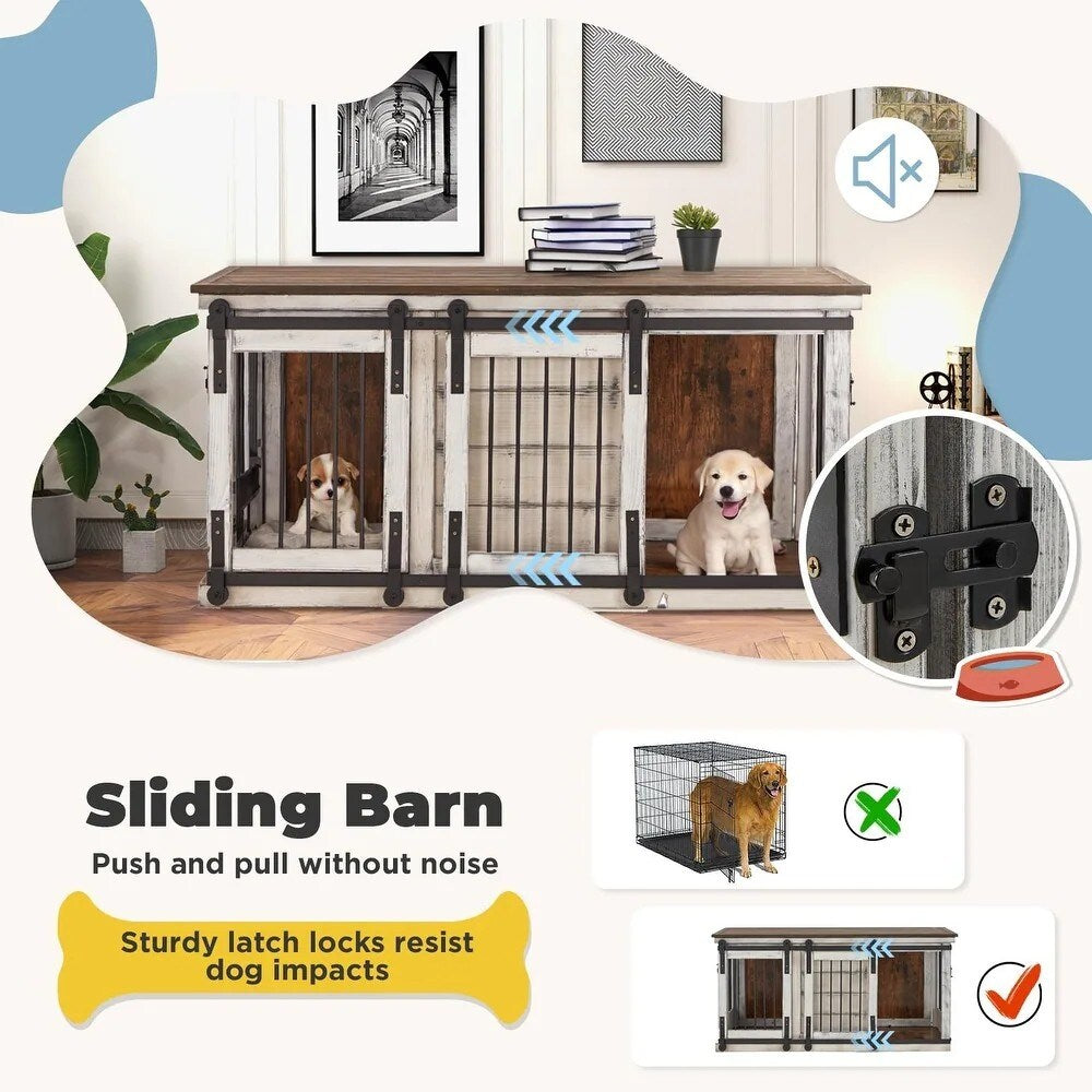 EROMMY Solid Wood Dog Crate Furniture, Indoor Dog Kennel with Sliding Door TV Cabinet, Chic Wooden Dog House, Stylish Dog Cage