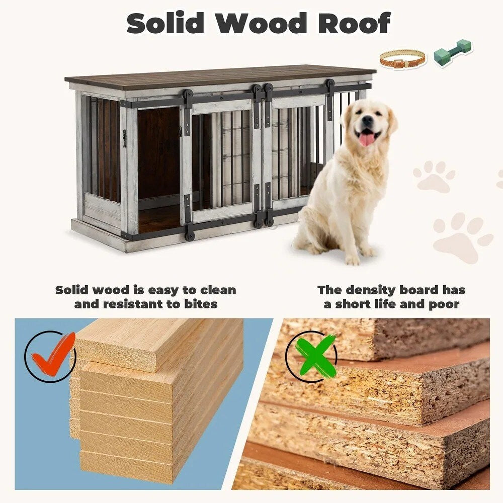 EROMMY Solid Wood Dog Crate Furniture, Indoor Dog Kennel with Sliding Door TV Cabinet, Chic Wooden Dog House, Stylish Dog Cage
