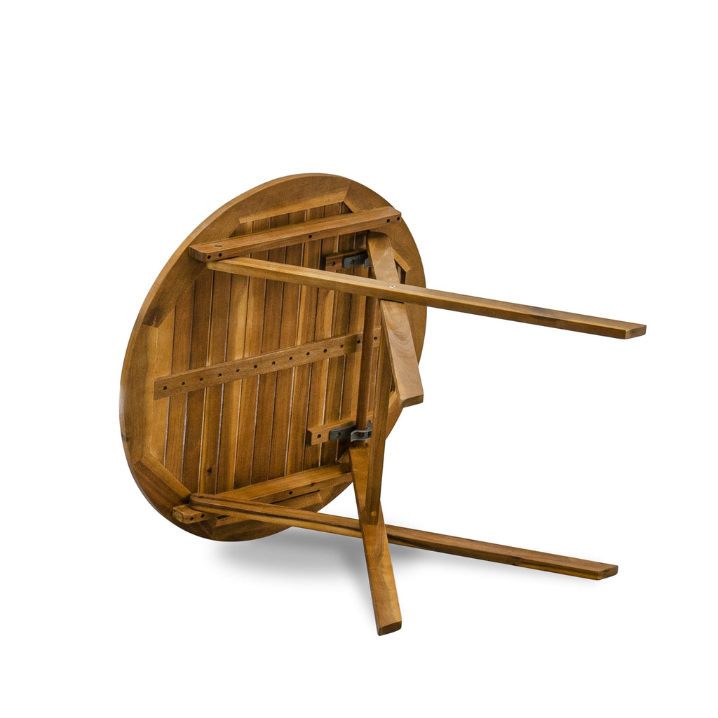 East West Furniture Outdoor Conversation Bistro Set Contains a Round Wood Coffee Table and 2 Folding Side Chairs, Natural Oil