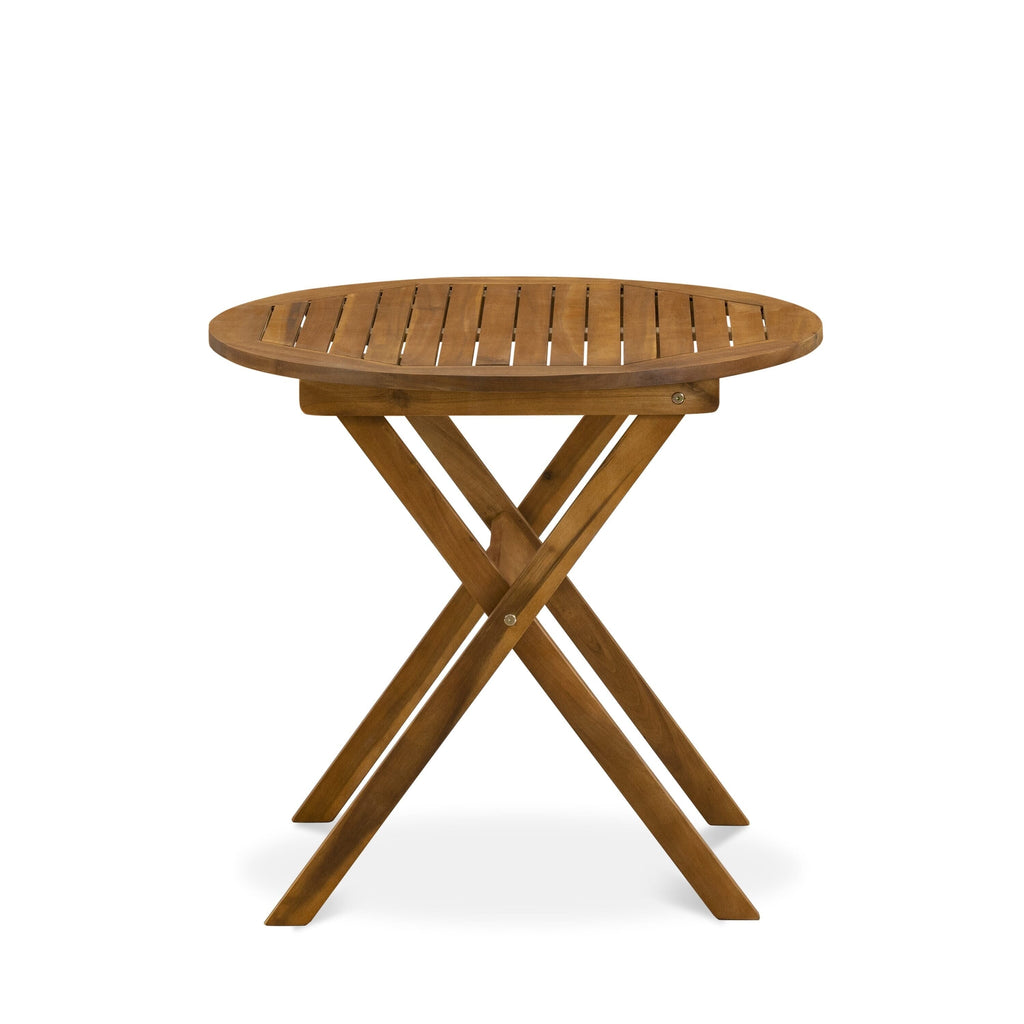 East West Furniture Outdoor Conversation Bistro Set Contains a Round Wood Coffee Table and 2 Folding Side Chairs, Natural Oil
