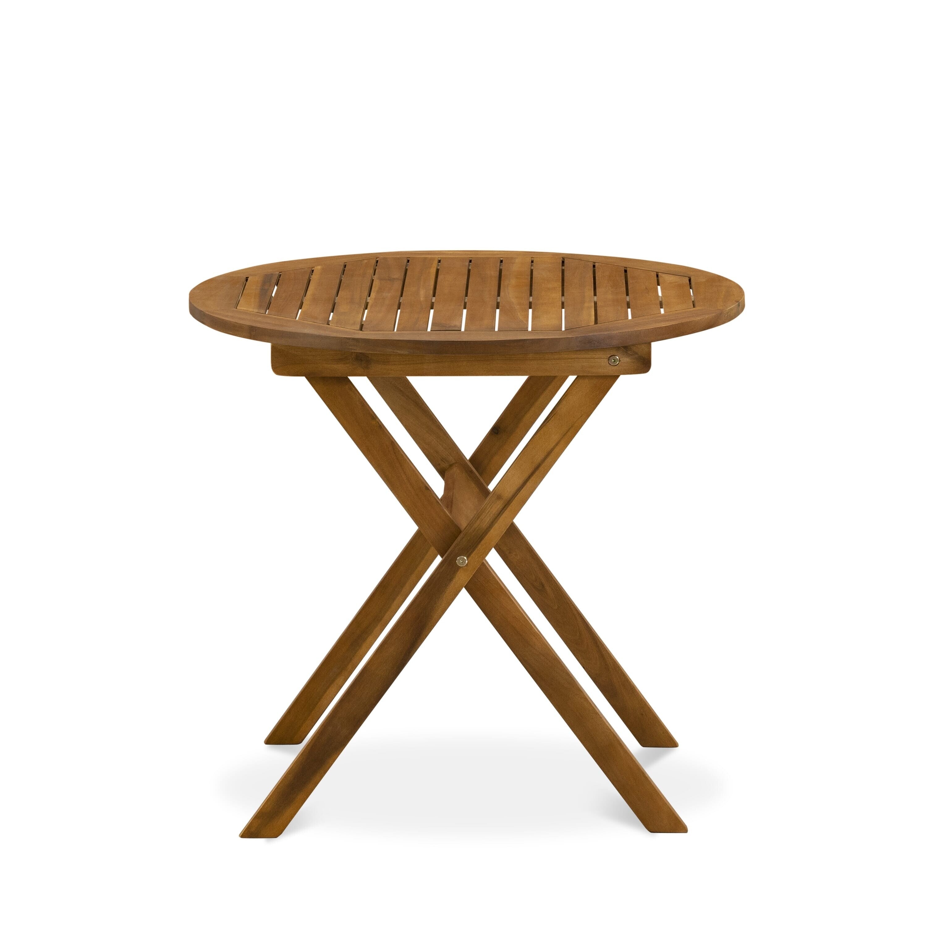 East West Furniture Outdoor Conversation Bistro Set Contains a Round Wood Coffee Table and 2 Folding Side Chairs, Natural Oil