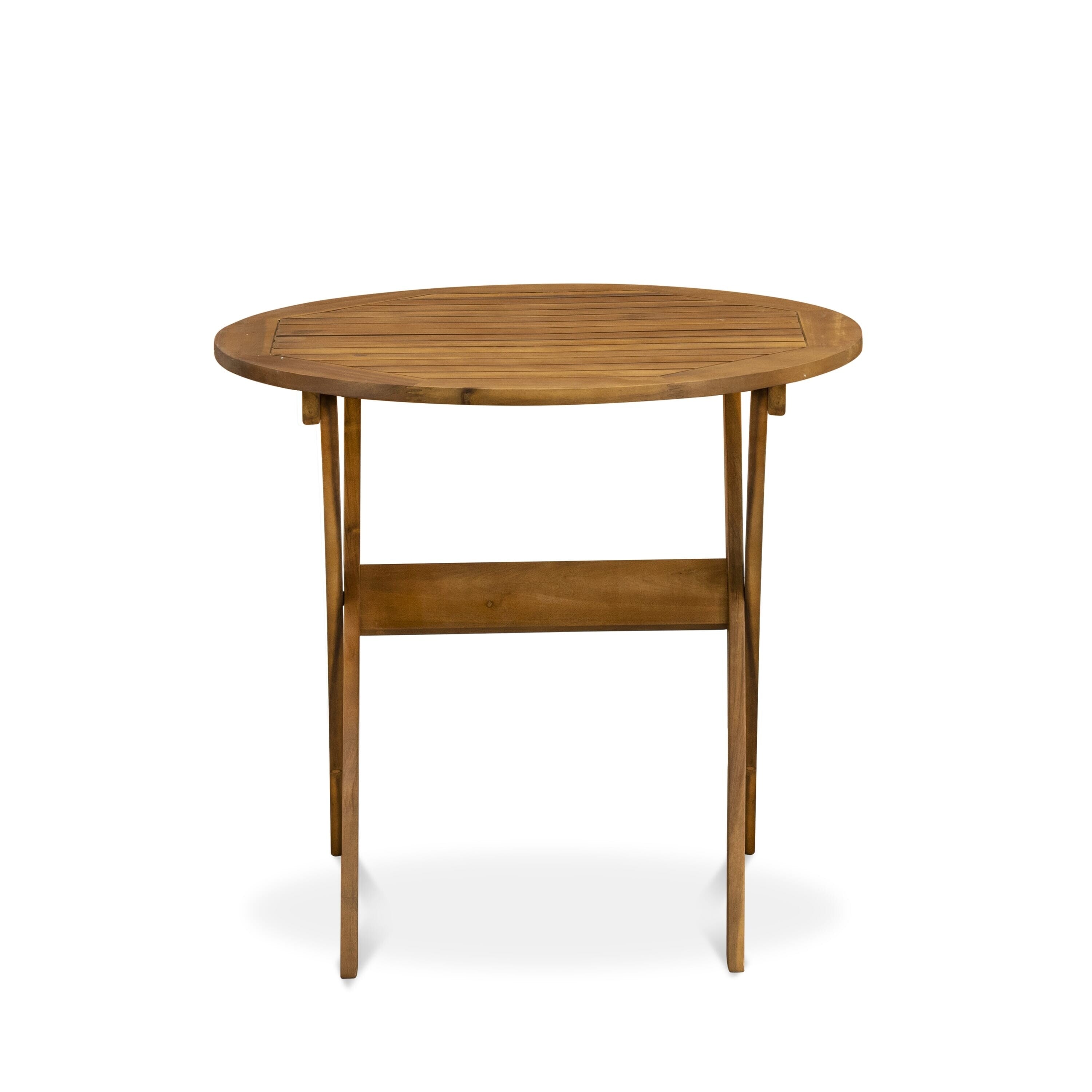 East West Furniture Outdoor Conversation Bistro Set Contains a Round Wood Coffee Table and 2 Folding Side Chairs, Natural Oil