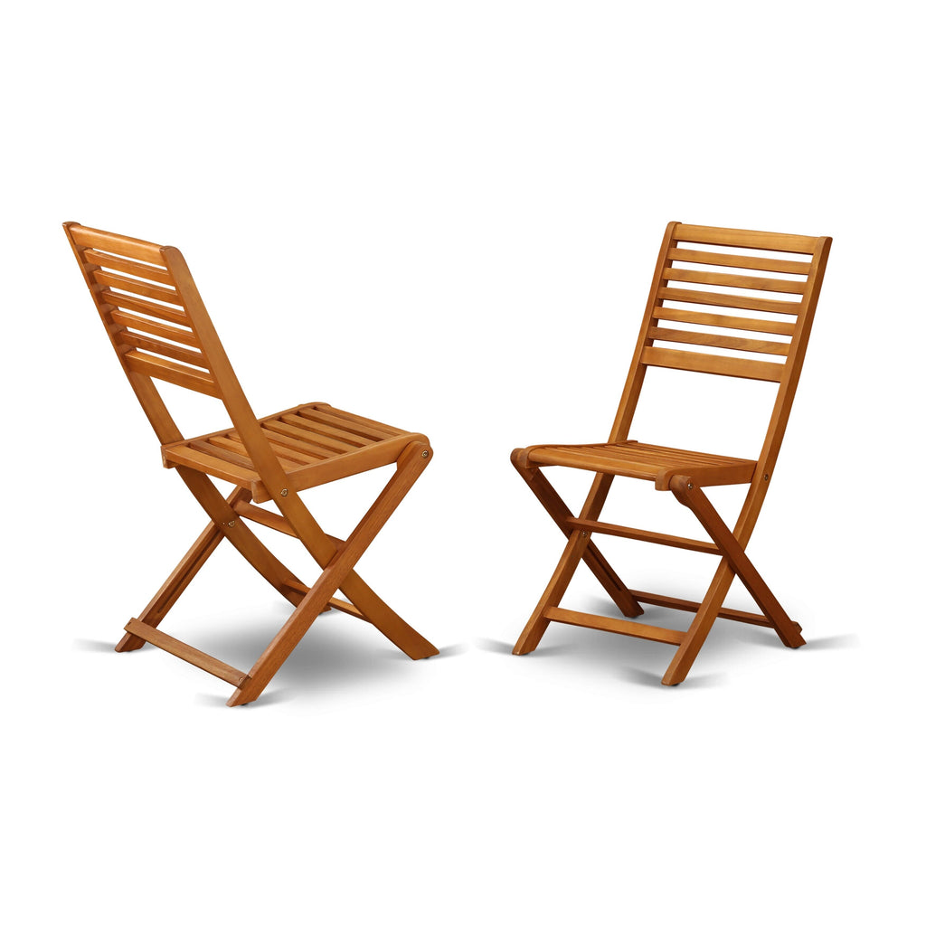 East West Furniture Outdoor Conversation Bistro Set Contains a Round Wood Coffee Table and 2 Folding Side Chairs, Natural Oil