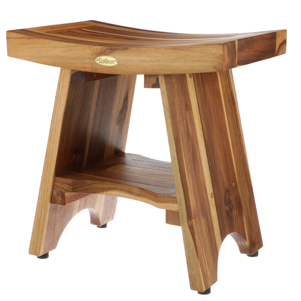 EcoDecors, Serenity, Teak Shower Bench, Teak Shower Stool, Teak Corner Shower Bench, 18 Inch, With Shelf