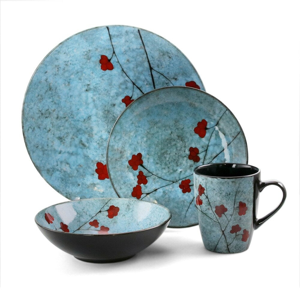 Elama Floral Accents 16 Piece Stoneware Dinnerware Set in Blue