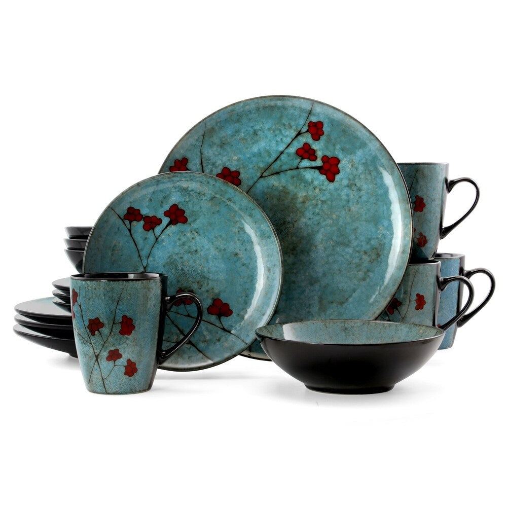 Elama Floral Accents 16 Piece Stoneware Dinnerware Set in Blue