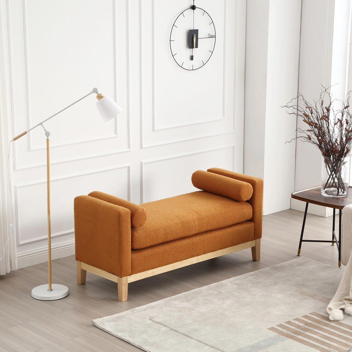 Elegant 53.5 Upholstered Ottoman Bench with Wood Legs & Bolster Pillows