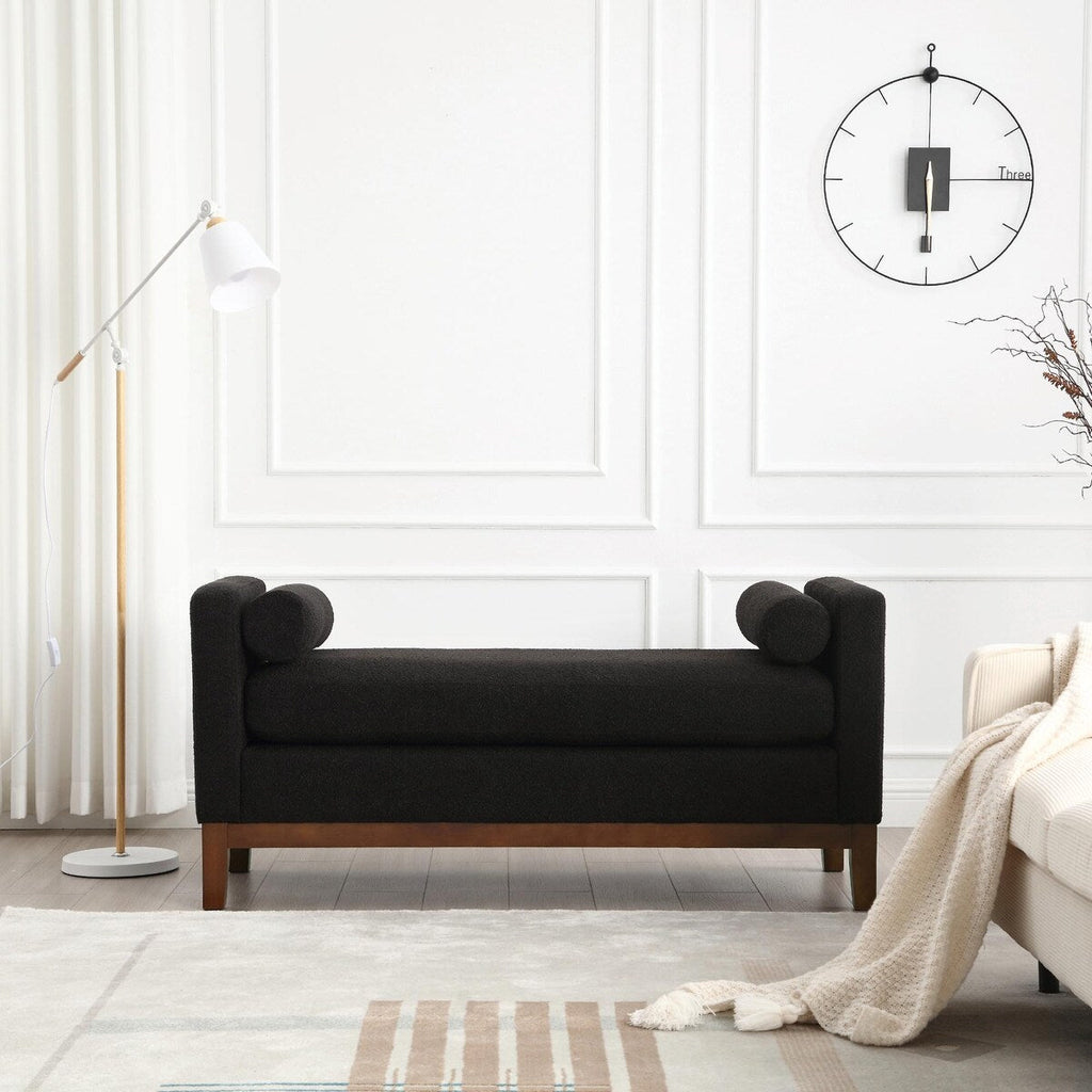 Elegant 53.5 Upholstered Ottoman Bench with Wood Legs & Bolster Pillows
