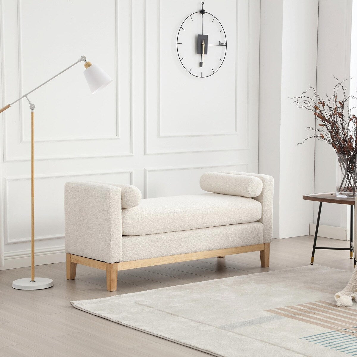 Elegant 53.5 Upholstered Ottoman Bench with Wood Legs & Bolster Pillows