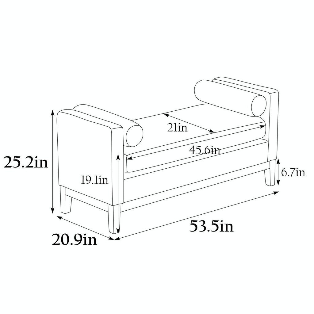 Elegant 53.5 Upholstered Ottoman Bench with Wood Legs & Bolster Pillows
