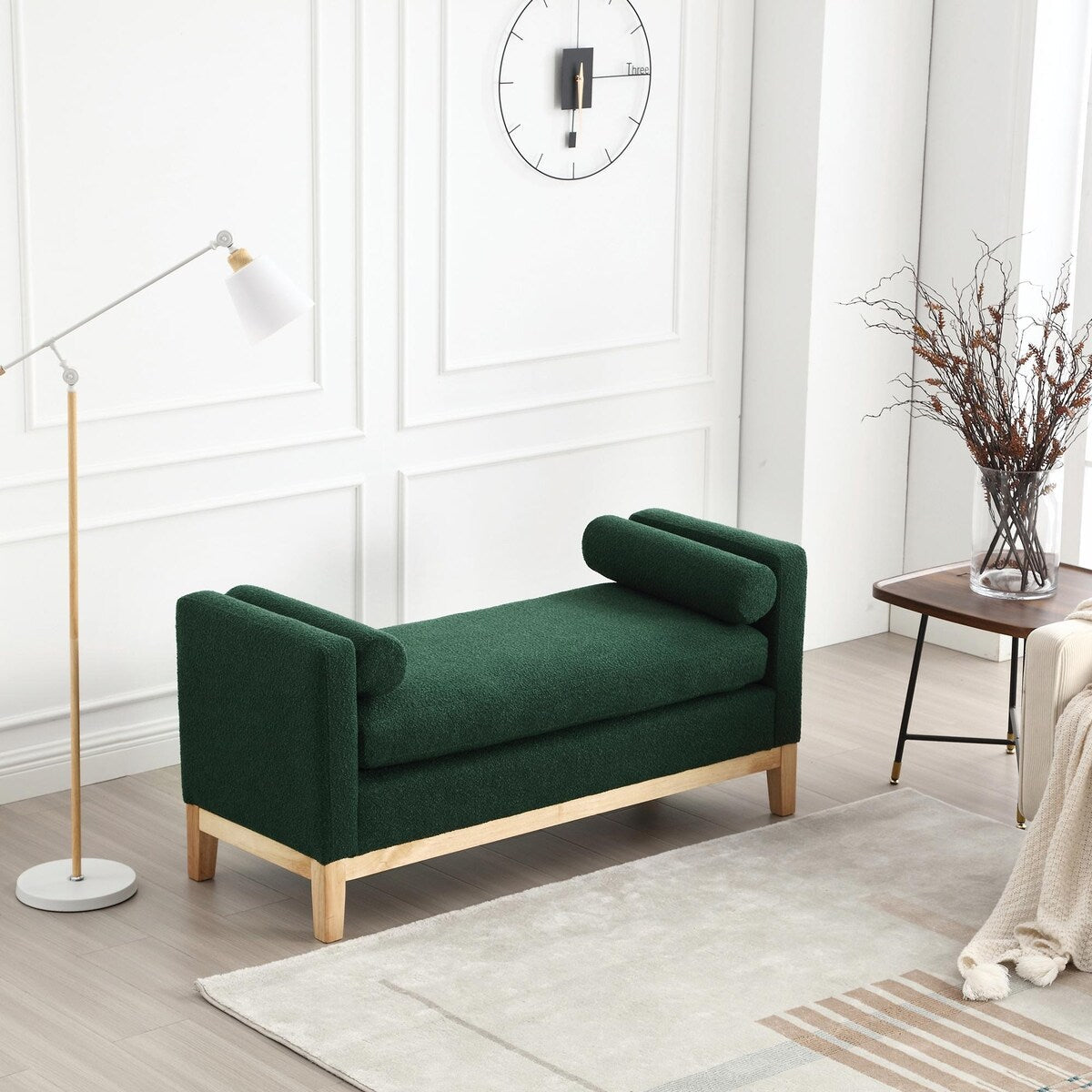 Elegant 53.5 Upholstered Ottoman Bench with Wood Legs & Bolster Pillows