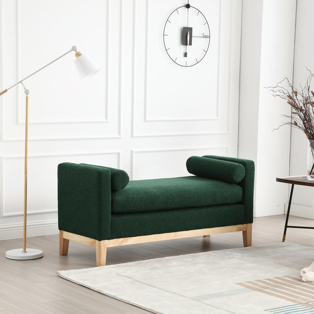 Elegant 53.5 Upholstered Ottoman Bench with Wood Legs & Bolster Pillows