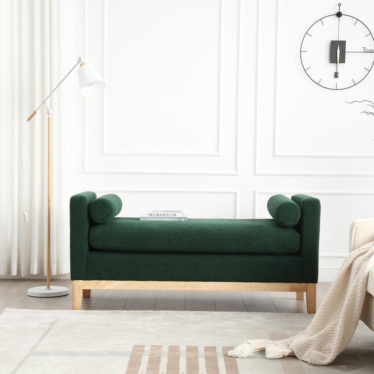 Elegant 53.5 Upholstered Ottoman Bench with Wood Legs & Bolster Pillows