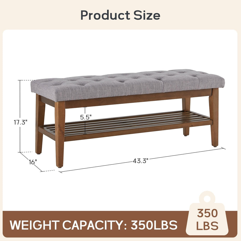 Entryway Shoe Bench Storage Bench Fabric Solid Wood, 43-inch Upholstered Bench for Living Room, Bedrooms