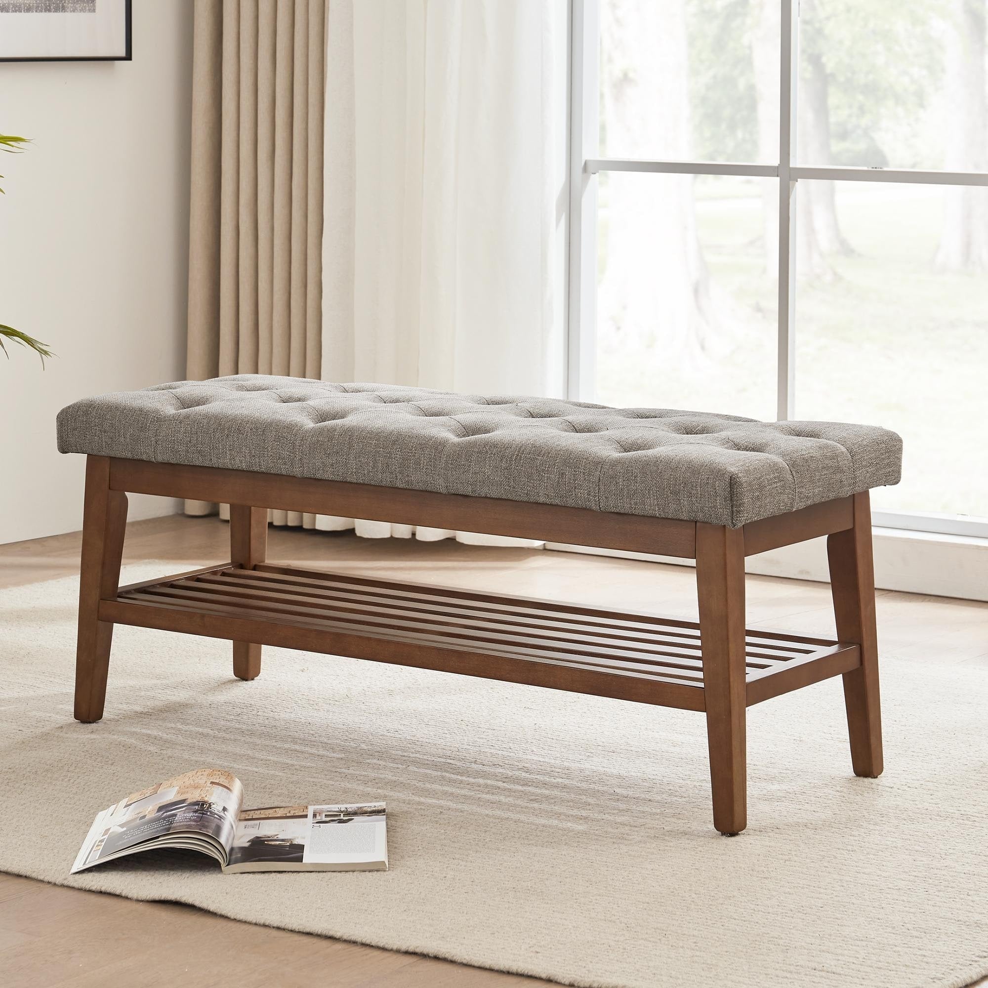 Entryway Shoe Bench Storage Bench Fabric Solid Wood, 43-inch Upholstered Bench for Living Room, Bedrooms