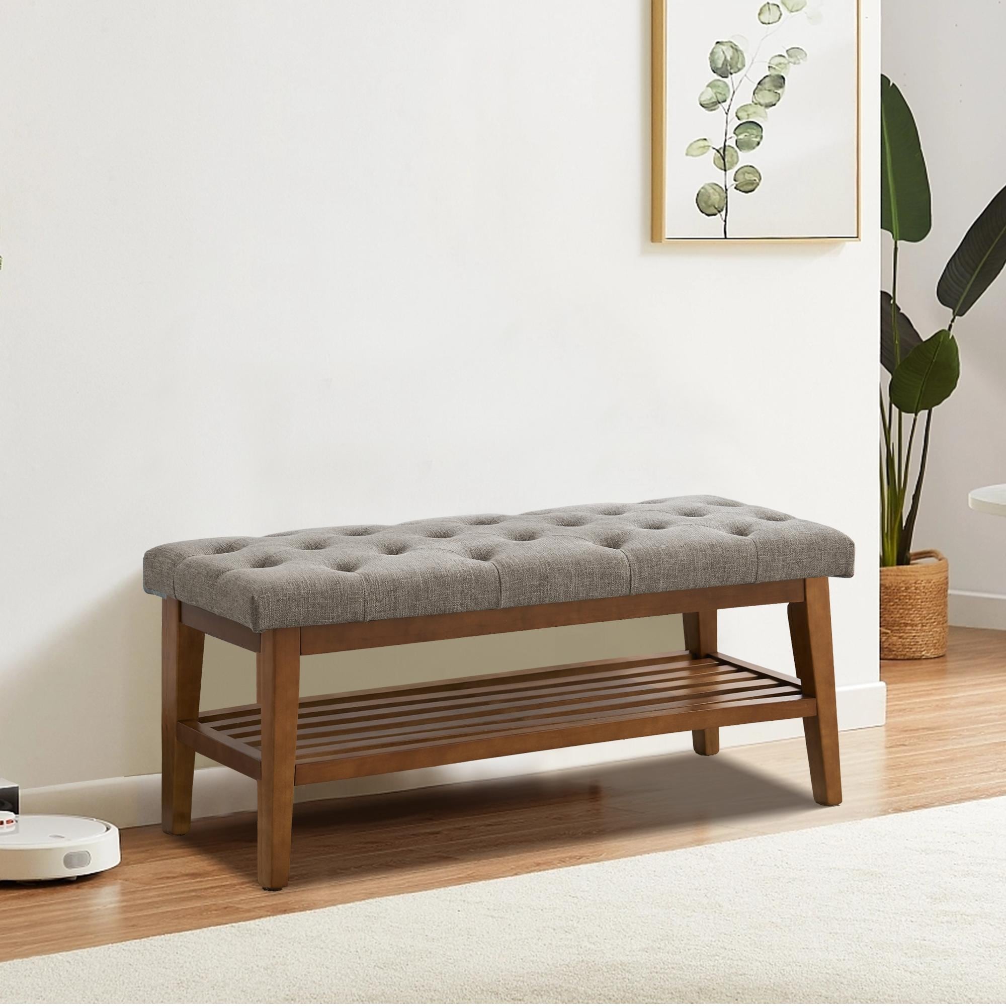 Entryway Shoe Bench Storage Bench Fabric Solid Wood, 43-inch Upholstered Bench for Living Room, Bedrooms