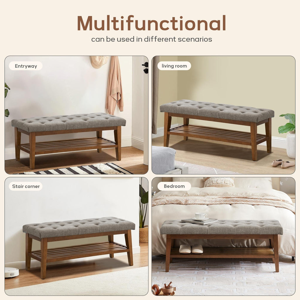 Entryway Shoe Bench Storage Bench Fabric Solid Wood, 43-inch Upholstered Bench for Living Room, Bedrooms