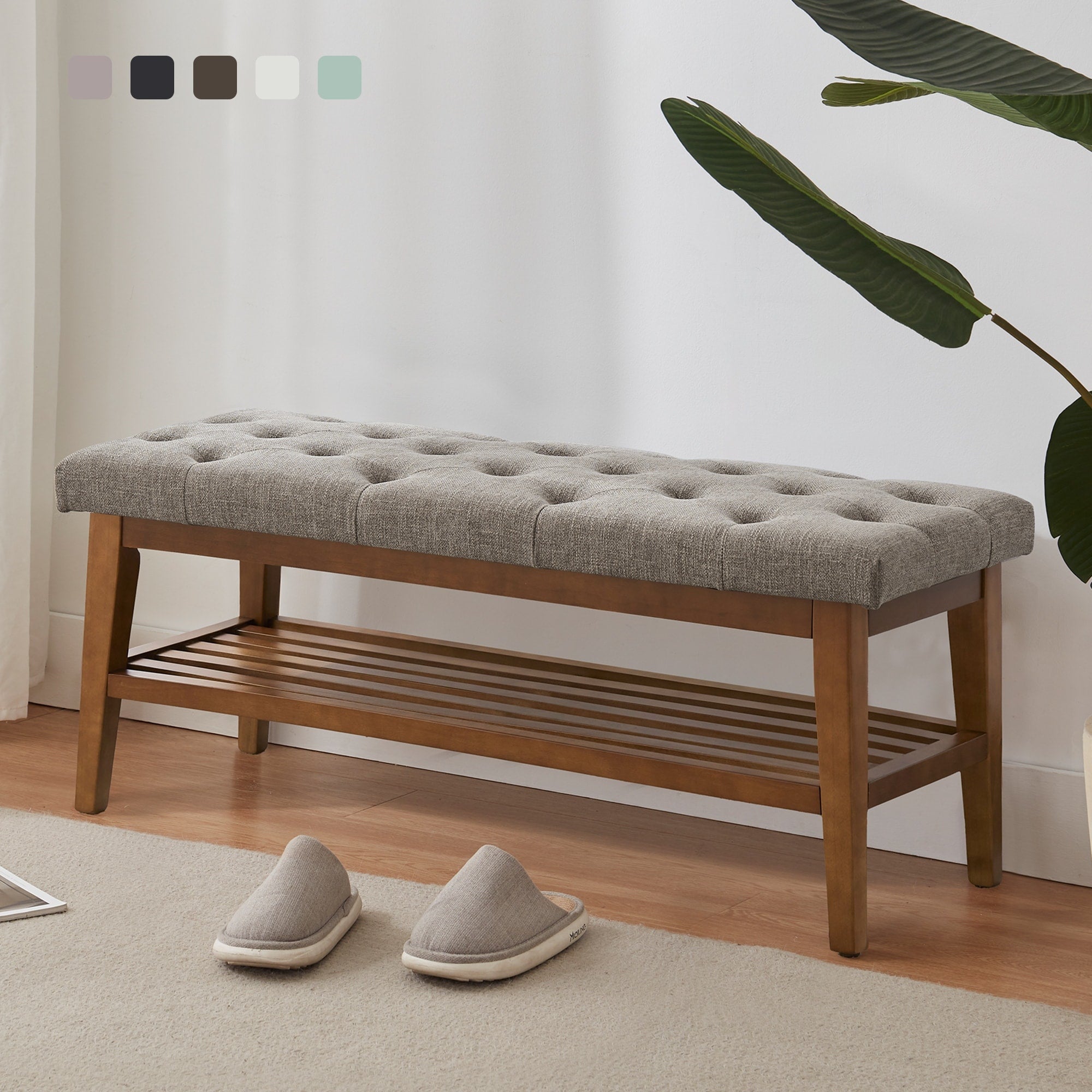 Entryway Shoe Bench Storage Bench Fabric Solid Wood, 43-inch Upholstered Bench for Living Room, Bedrooms