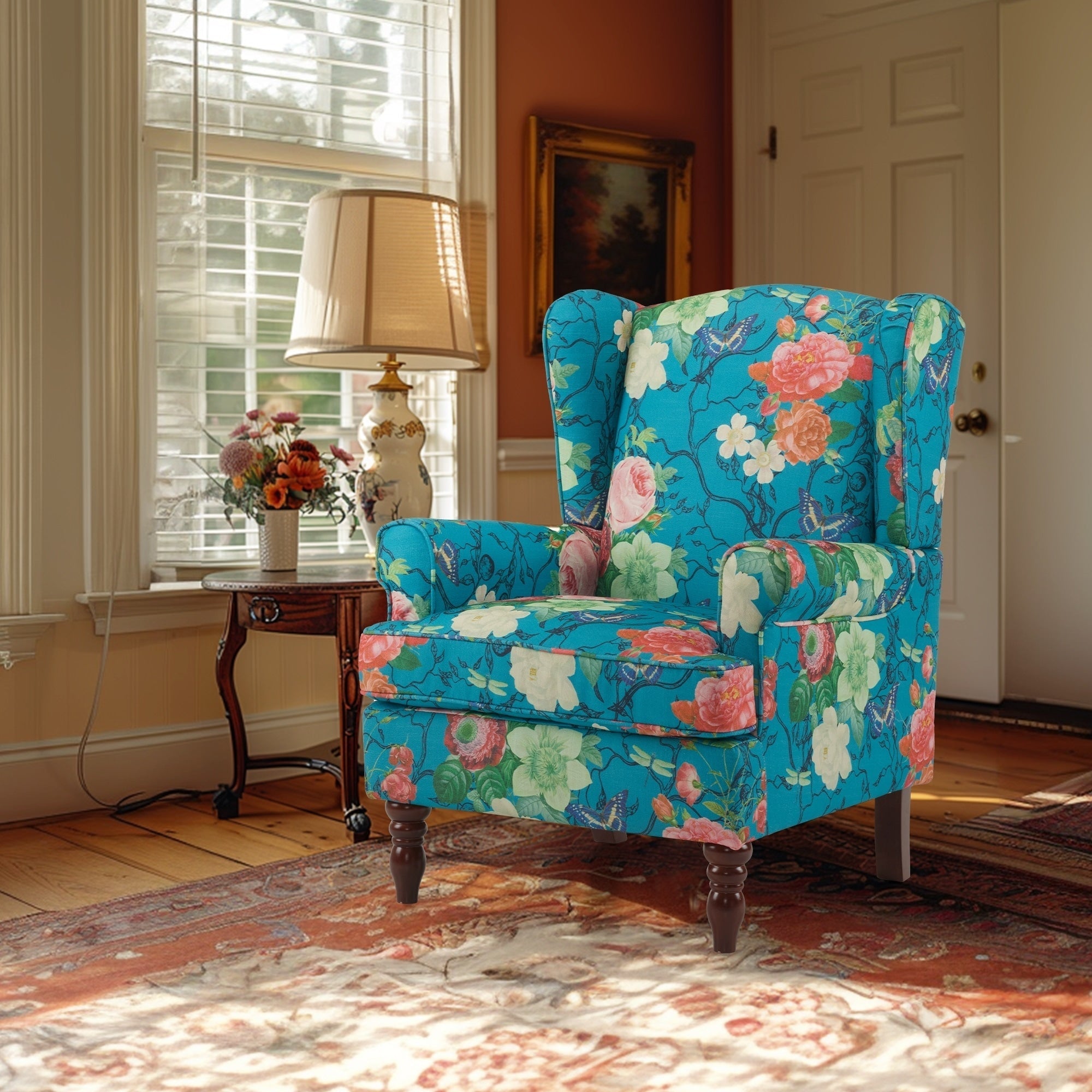 Erommy Modern Accent Chair, High Back Armchair, Upholstered Fabric Button Single Sofa with Wooden Legs for Living Room