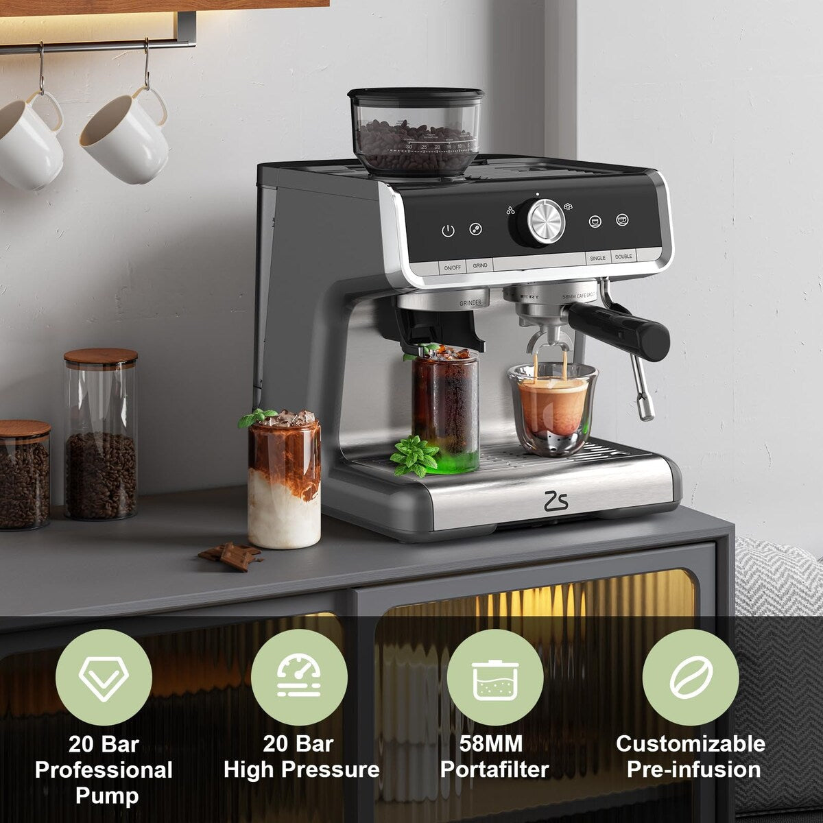 Espresso Coffee Maker, with Grinder, 2.8 L Water Tank