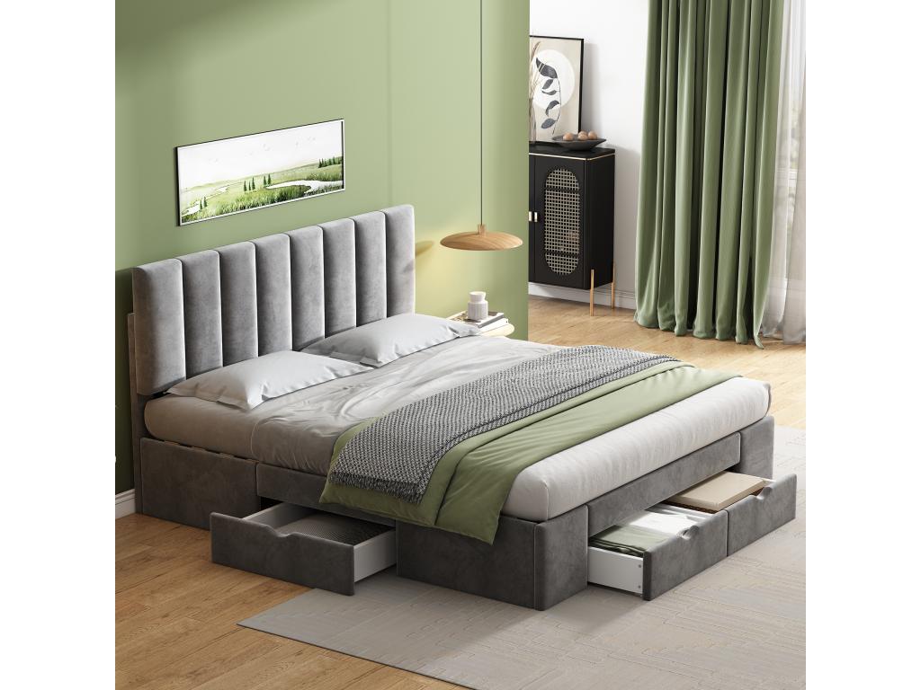 Adult bed with 4 drawers and headboard - 160x200 cm - velvet - Meublori slatted base - grey color