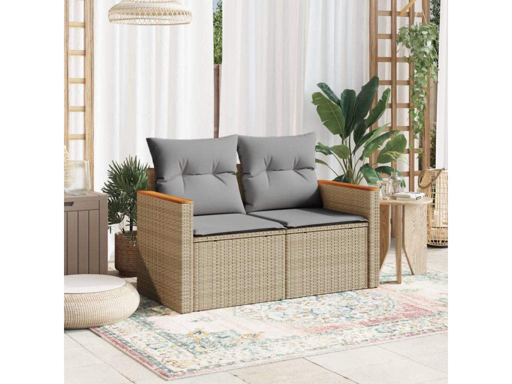 Garden sofa with cushions, 2-seater beige woven resin