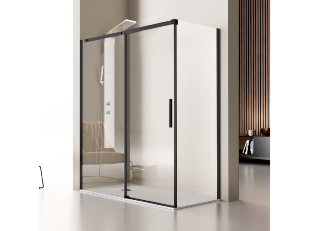 Fixed shower screen with sliding door, Meublori matte black profile, 110 cm. Without side panel.