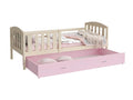 Meublori 90x190cm Pine Trundle Bed - Pink. Comes with slatted bed base, drawer, and 7cm foam mattress.