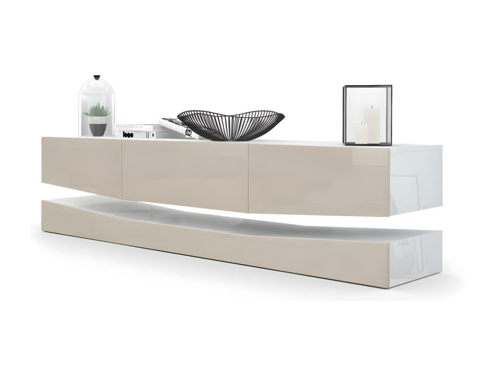 TV stand with base, white and high-gloss sand grey, 178 x variable x 39 cm