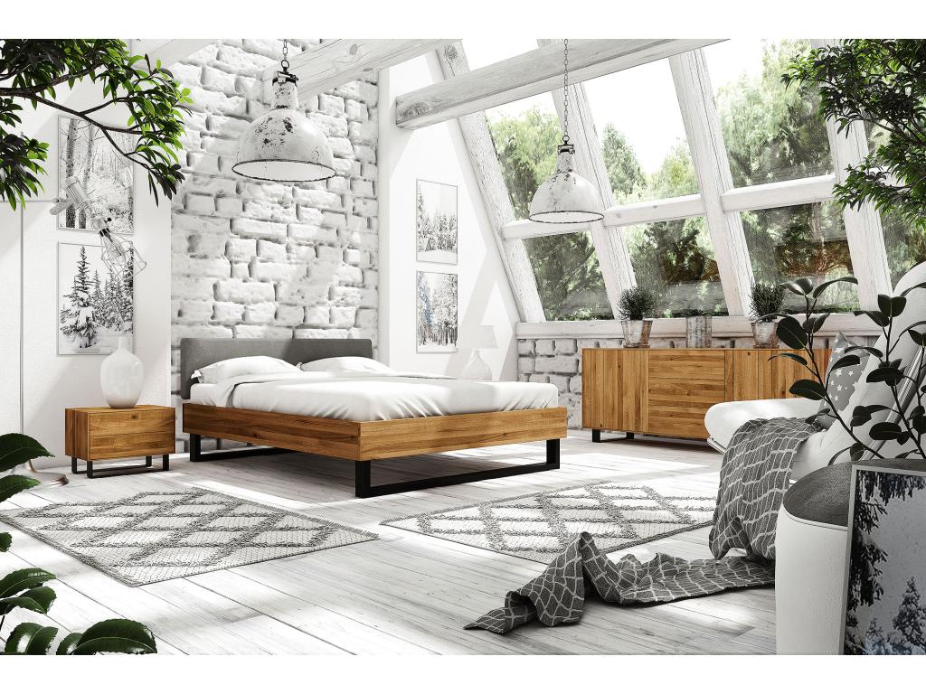 Meublori - Bed with upholstered headboard 160x200 in natural oiled wild oak