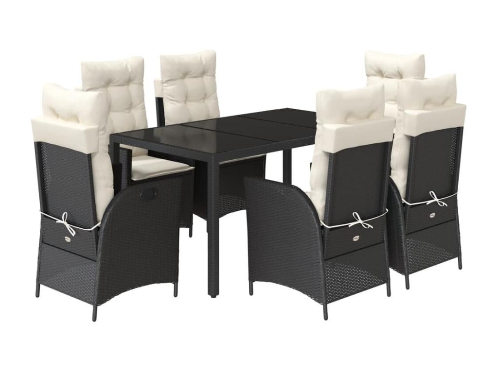7-piece garden dining set with cushions, black woven resin