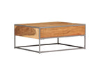 Coffee table with 2 drawers, Meublori solid light wood and grey metal.