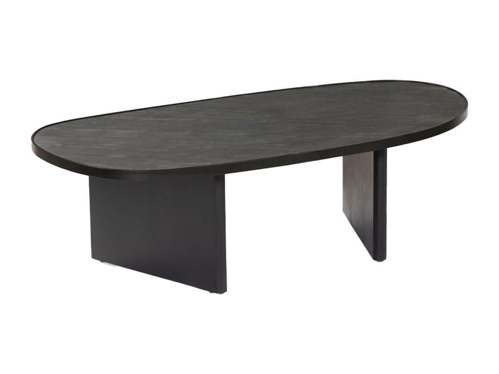 Oval coffee table in mango wood and black stone veneer - metal rim - W 119.5 x D 60 x H 35cm