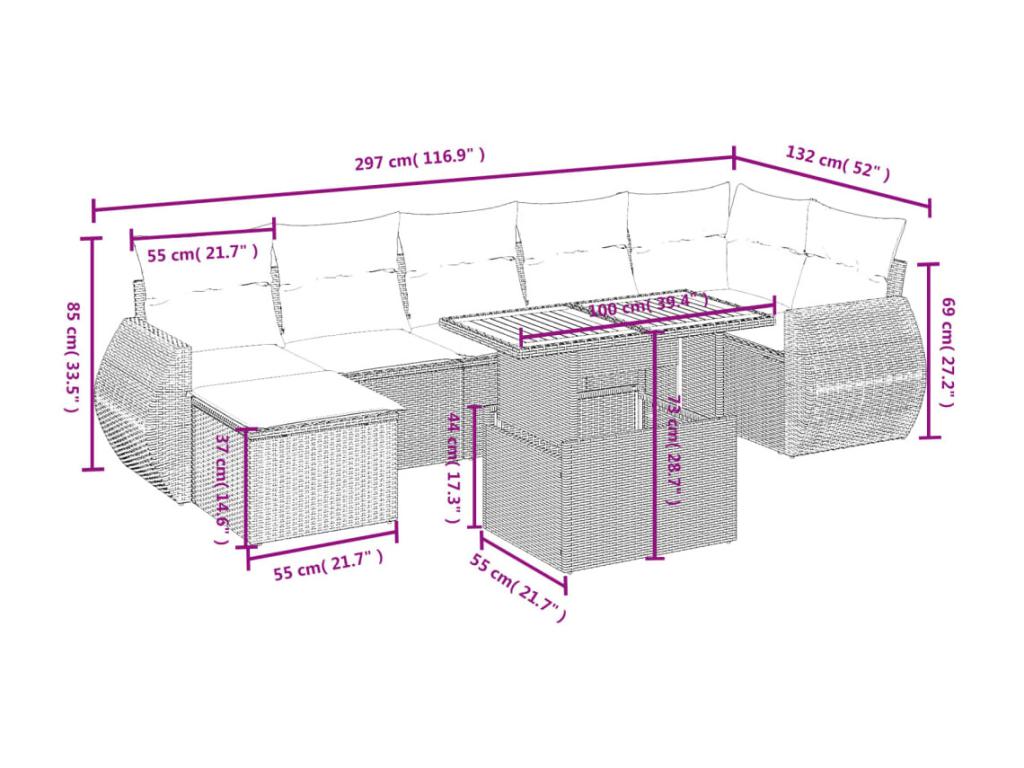 8-piece garden furniture set with cushions, black woven resin