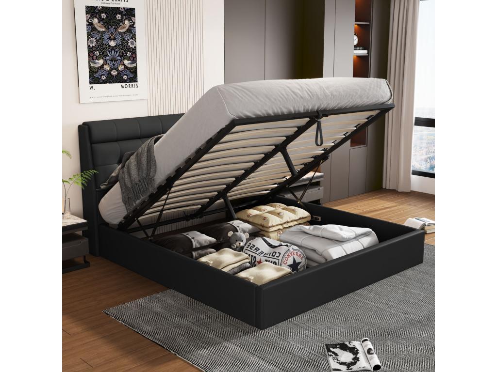 Elegant storage bed 140x190 cm - concealed headboard shelf - faux leather - Meublori slatted base - black