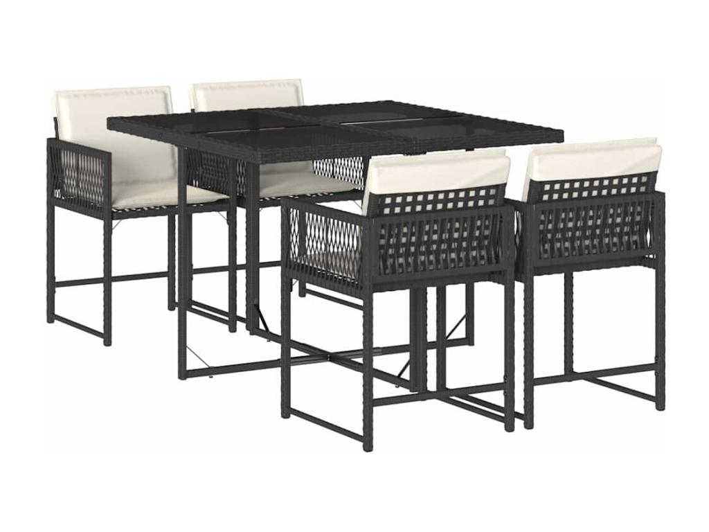 5-piece garden dining set with cushions, black woven resin