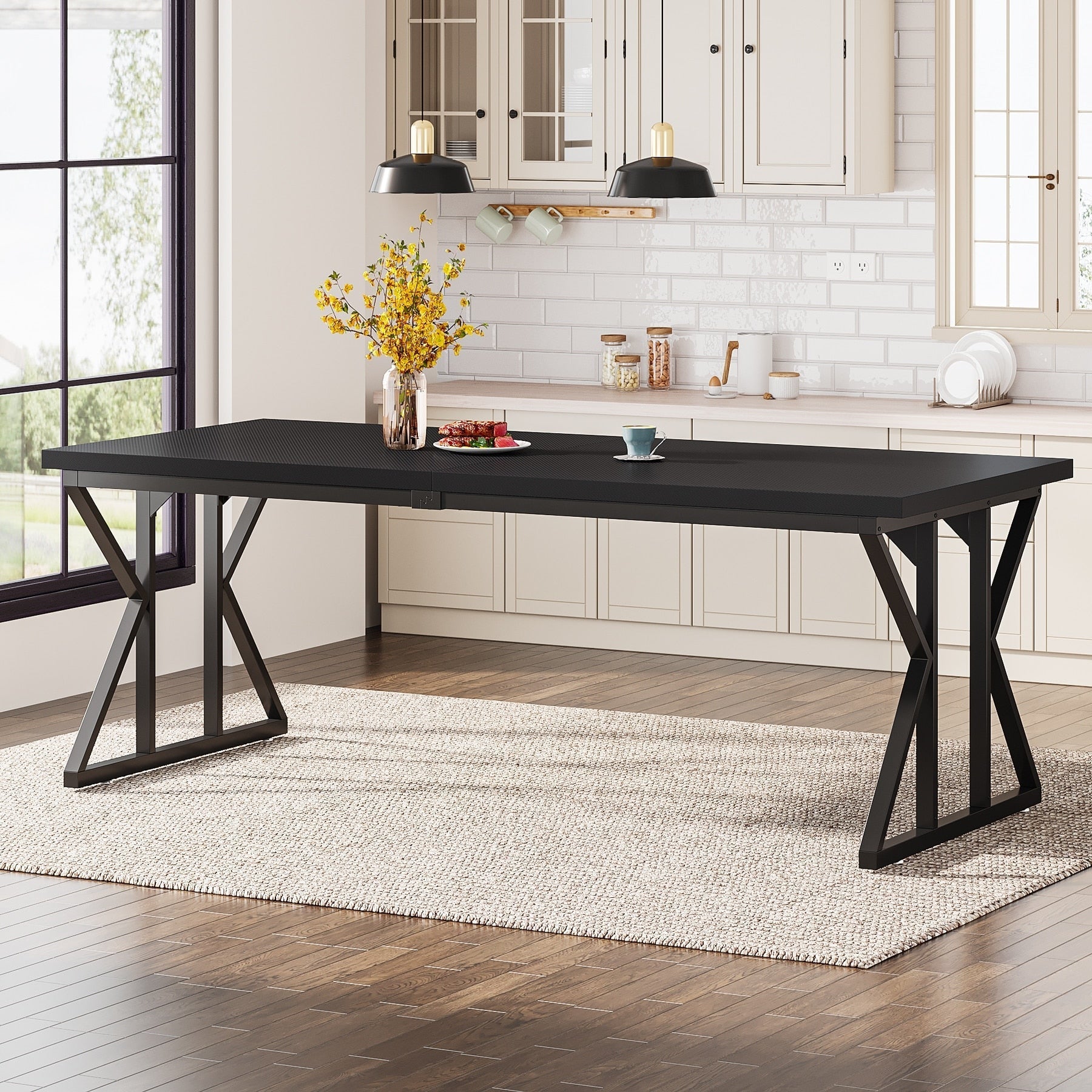 Farmhouse Dining Table for 6 People, 70.8-Inch Rectangular Wood Kitchen Table